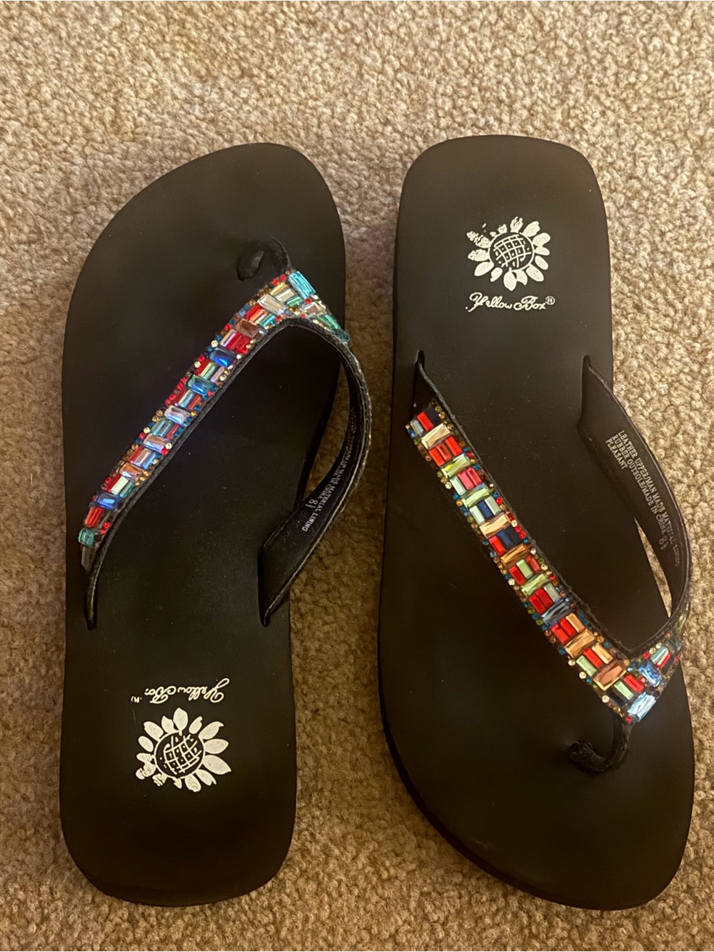 Yellow Box Black Sandals with Multicolor Beaded Straps